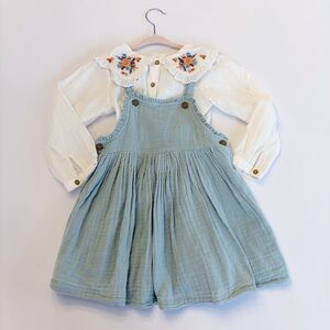 next White Embroidered Collar Blouse with Blue Pinafore Skirt